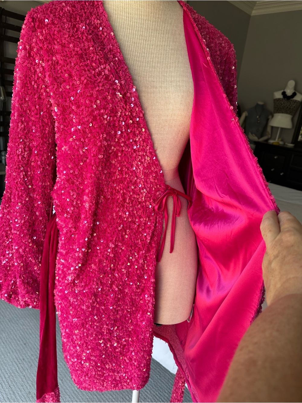 Blue B Collection, Bright Pink Sequin Wrap Mini Dress with Belt, size large - Picture 6 of 16